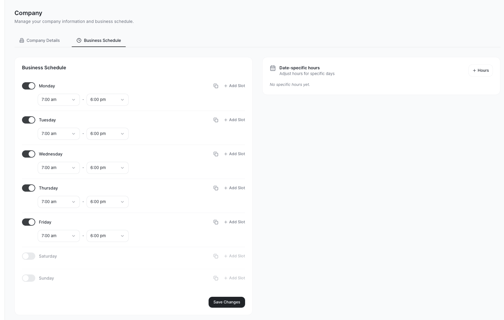 AI Dispatcher Business Schedule settings showing Mon-Fri with start and end times and date-specific hours