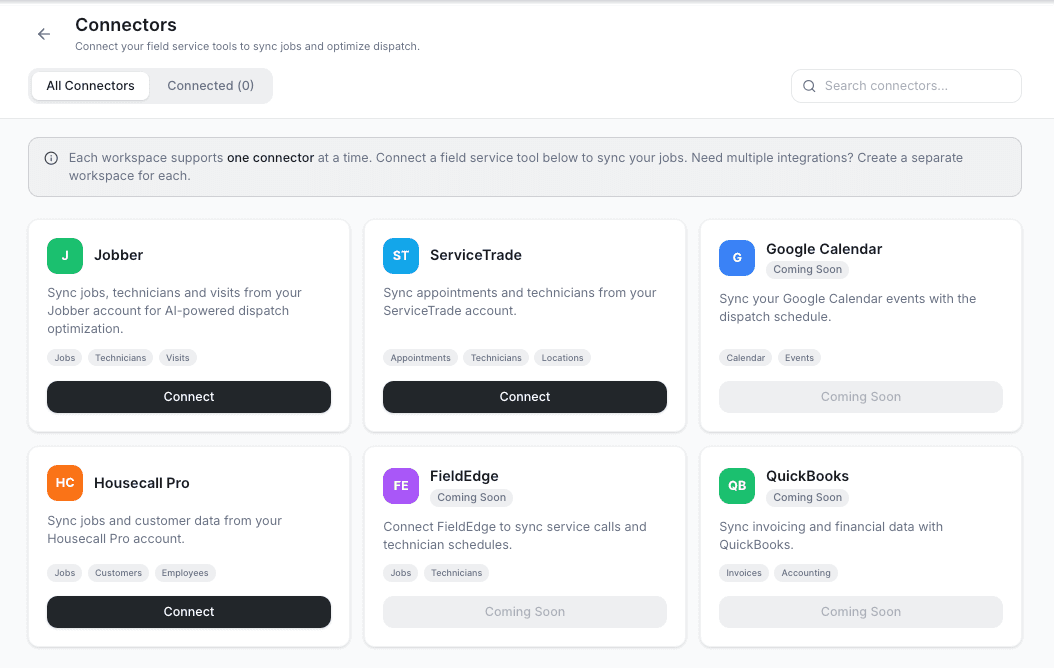 AI Dispatcher Connectors page showing Jobber, ServiceTrade, Google Calendar, Housecall Pro, FieldEdge, and QuickBooks tiles