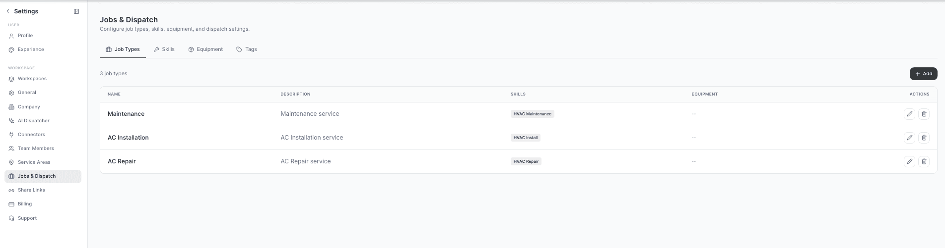 AI Dispatcher Jobs and Dispatch settings showing Job Types tab with Maintenance, AC Installation, and AC Repair types