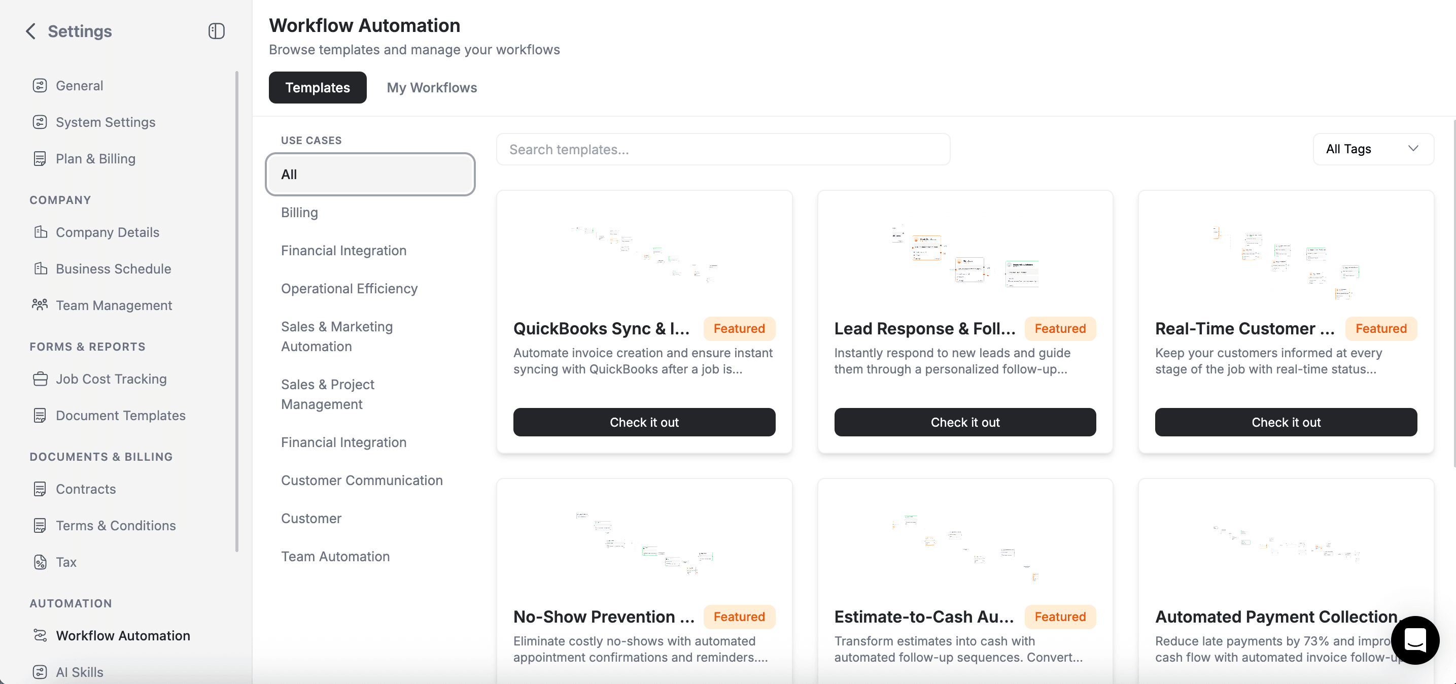 FieldCamp Workflow Automation visual builder showing a trigger event, condition filter, and email action connected in a workflow chain