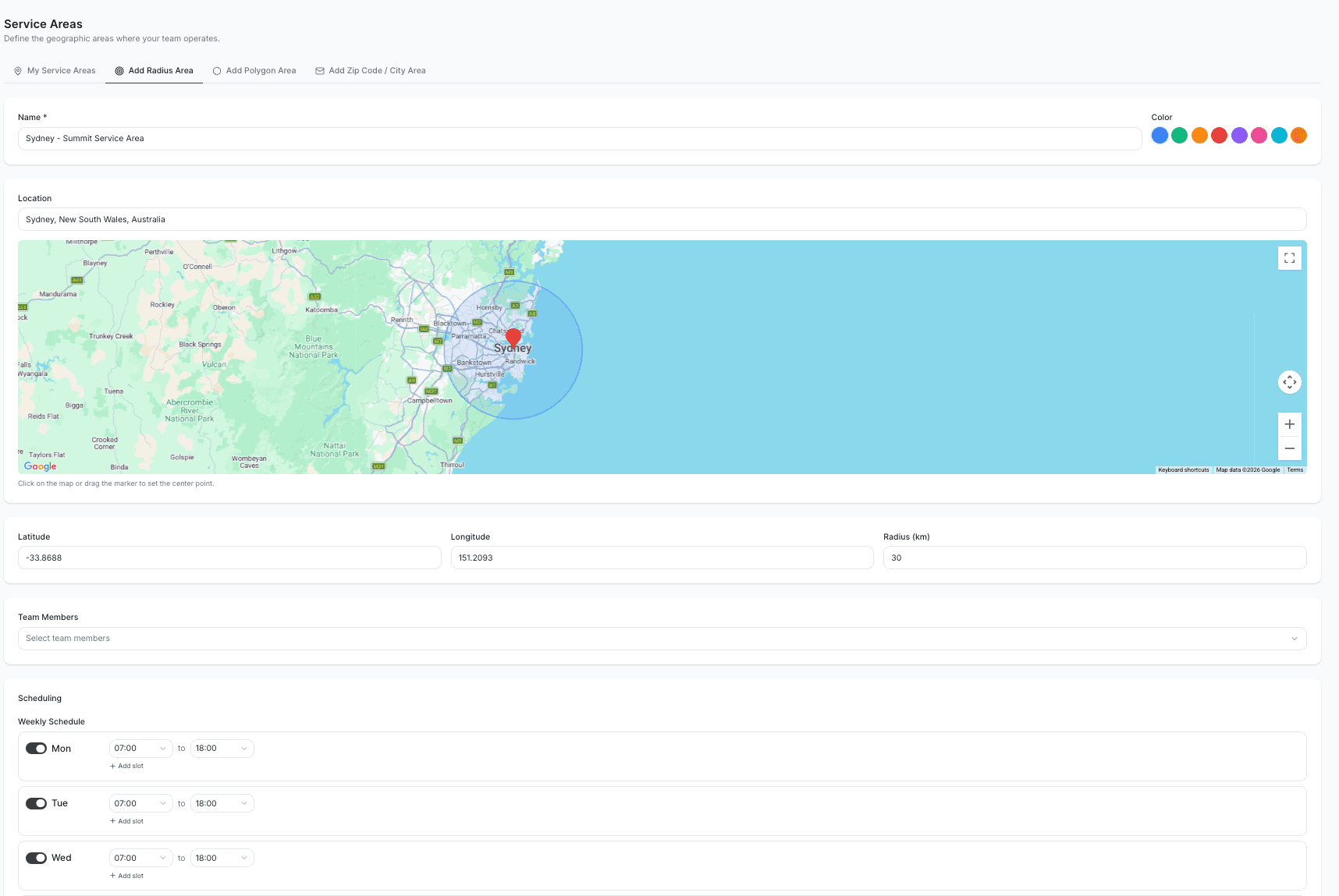 AI Dispatcher Service Areas settings showing map with radius circle, coordinates, and team member assignments