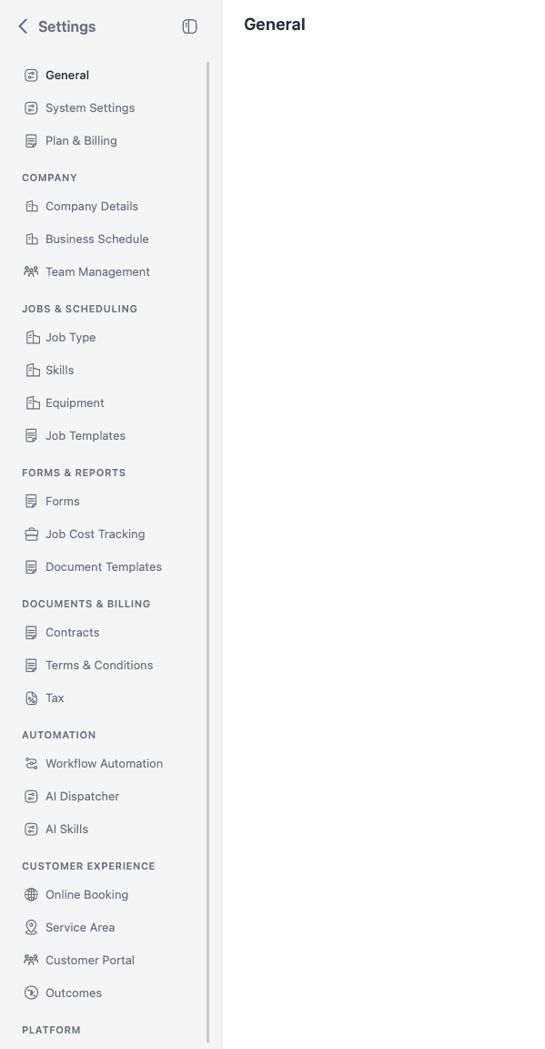 FieldCamp Settings sidebar showing all configuration categories: General, Company, Jobs & Scheduling, Forms & Reports, Documents & Billing, Automation, Customer Experience, Platform
