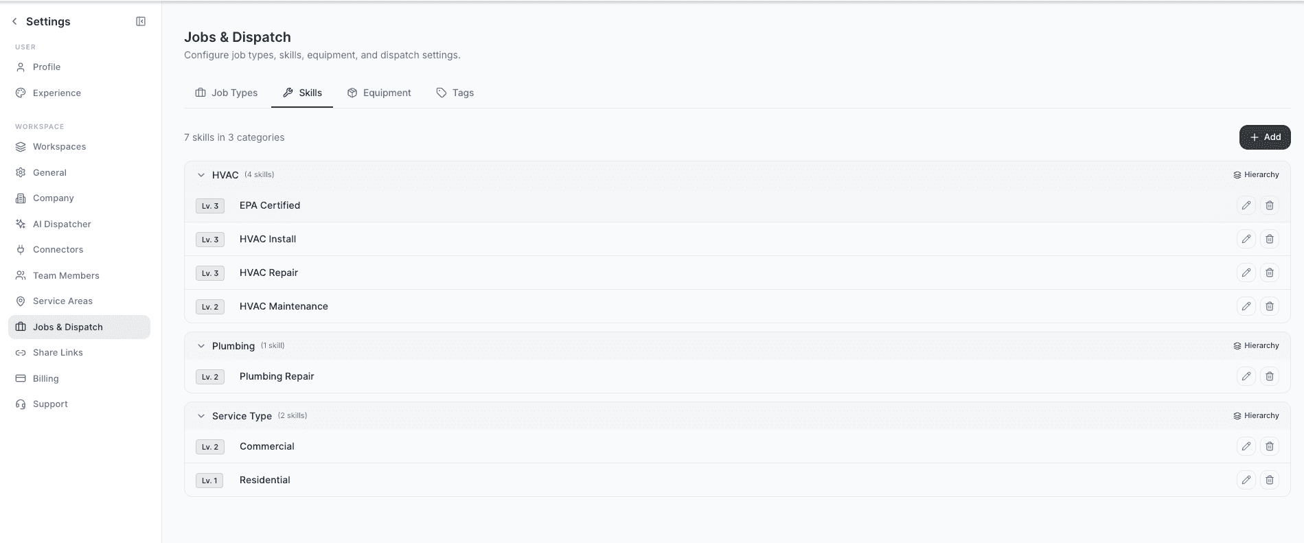 AI Dispatcher hierarchical skills tree showing HVAC, Plumbing, and Service Type categories with sub-skills