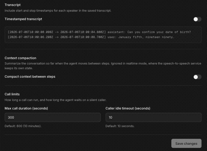 Agent settings showing the Transcript section with the Timestamped transcript toggle and a sample line, Context compaction with Compact context between steps, and Call limits with Max call duration 300 seconds and Caller idle timeout 10 seconds