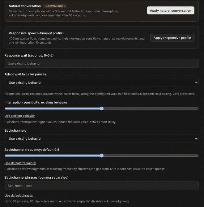 Turn-taking controls in Agent settings, showing the Natural conversation preset marked Recommended with an Apply natural conversation button, the Responsive speech-timeout profile with an Apply responsive profile button, and fields for Response wait, Adapt wait to caller pauses, Interruption sensitivity, Backchannels, Backchannel frequency and Backchannel phrases