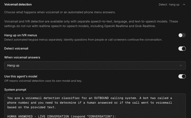 Voicemail detection section in Agent settings with Hang up on IVR menus off, Detect voicemail on, When voicemail answers set to Hang up, Use this agent's model on, and the default System prompt for an outbound voicemail classifier