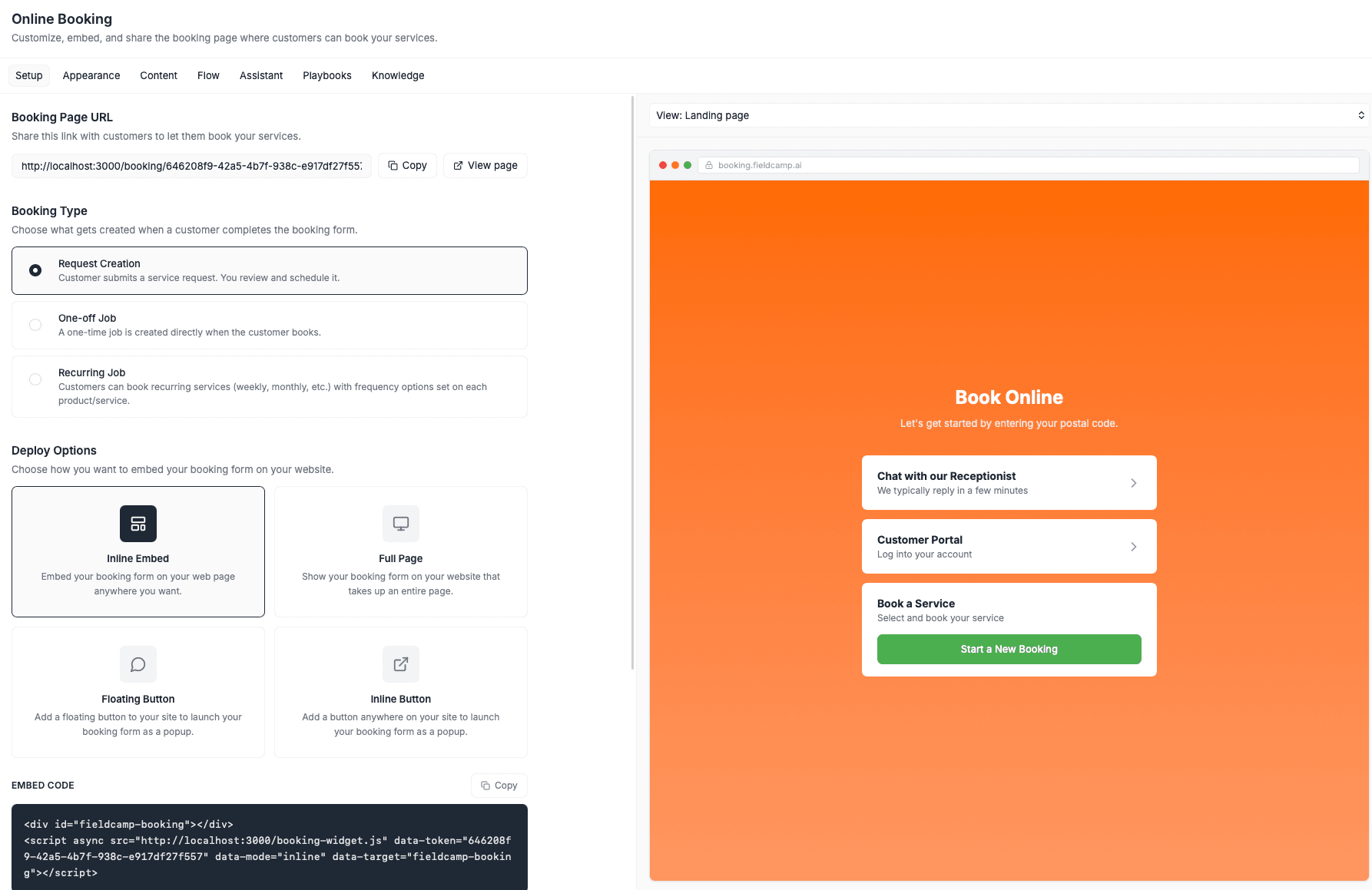 FieldCamp Online Booking Setup tab showing booking type options, deploy methods, embed code, and live preview of the booking landing page