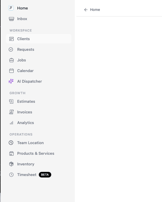 FieldCamp sidebar navigation showing Workspace (Clients, Requests, Jobs, Calendar, AI Dispatcher), Growth (Estimates, Invoices, Analytics), and Operations sections