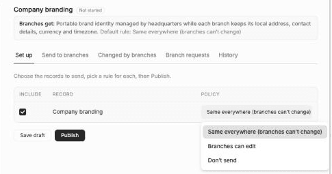 FieldCamp record policy dropdown showing Same everywhere (branches can't change), Branches can edit and Don't send