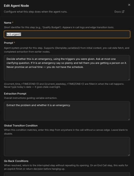 Edit Agent Node panel with Name set to Is it urgent, a Prompt that asks the agent to decide whether the call is an emergency using the given triggers, an Extraction Prompt, and empty Global Transition Condition and Go Back Conditions fields