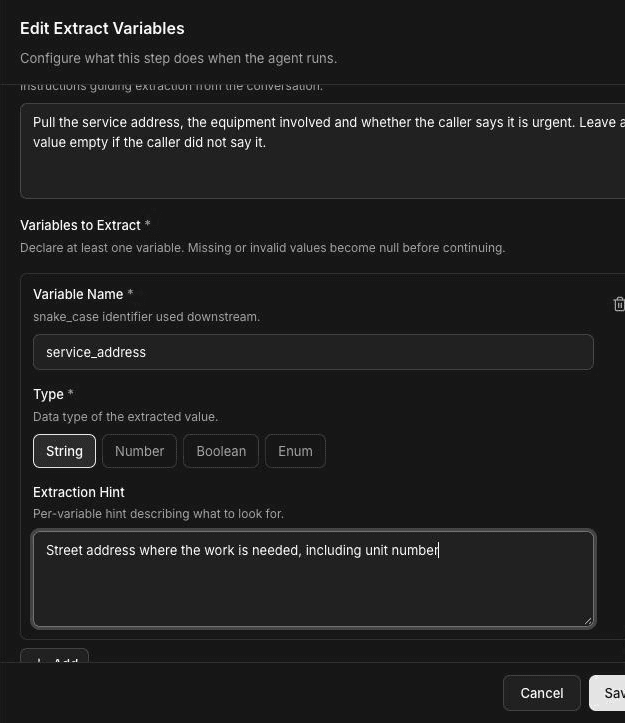 Edit Extract Variables panel with an Extraction Prompt about the service address, equipment and urgency, and a variable named service_address of type String with the hint Street address where the work is needed, including unit number