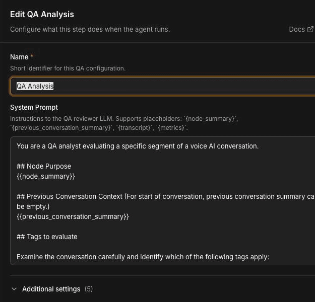 Edit QA Analysis panel with Name QA Analysis and a pre-filled System Prompt that starts You are a QA analyst evaluating a specific segment of a voice AI conversation, with Node Purpose, Previous Conversation Context and Tags to evaluate sections