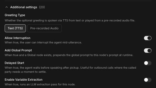 Start Call Additional settings showing Greeting Type with Text (TTS) and Pre-recorded Audio options, Allow Interruption and Add Global Prompt switched on, and Delayed Start and Enable Variable Extraction switched off