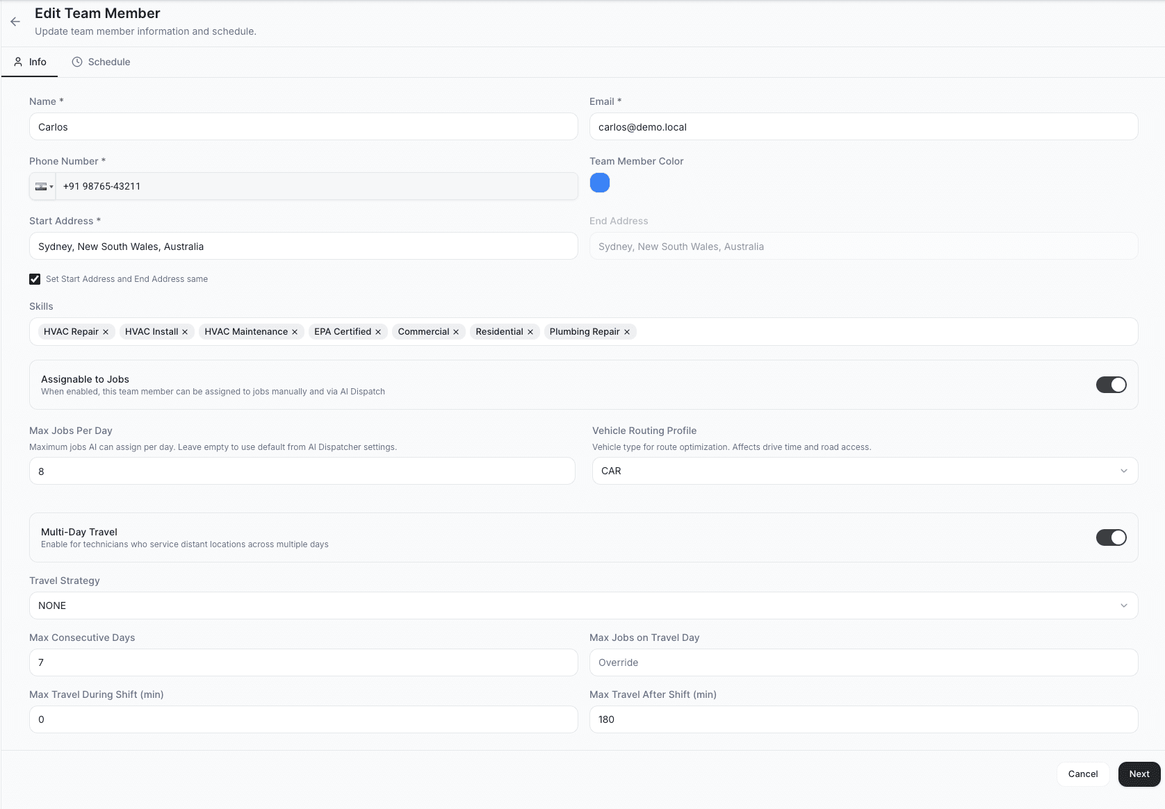 AI Dispatcher Edit Team Member screen showing Multi-Day Travel toggle, Max Consecutive Days, Travel Strategy, Max Travel During and After Shift settings