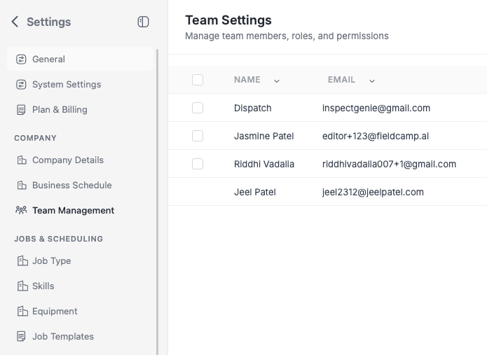 FieldCamp Team Settings page showing team members list with names, emails, and roles