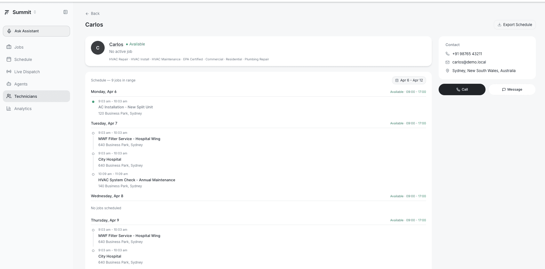 AI Dispatcher technician profile for Carlos showing weekly schedule and assigned jobs