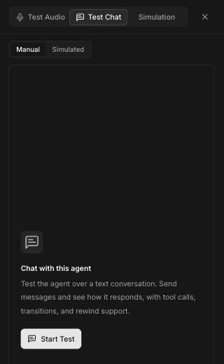 Test Chat tab with the Manual option selected and the Chat with this agent panel explaining that you can send messages and see tool calls, transitions and rewind support, with a Start Test button
