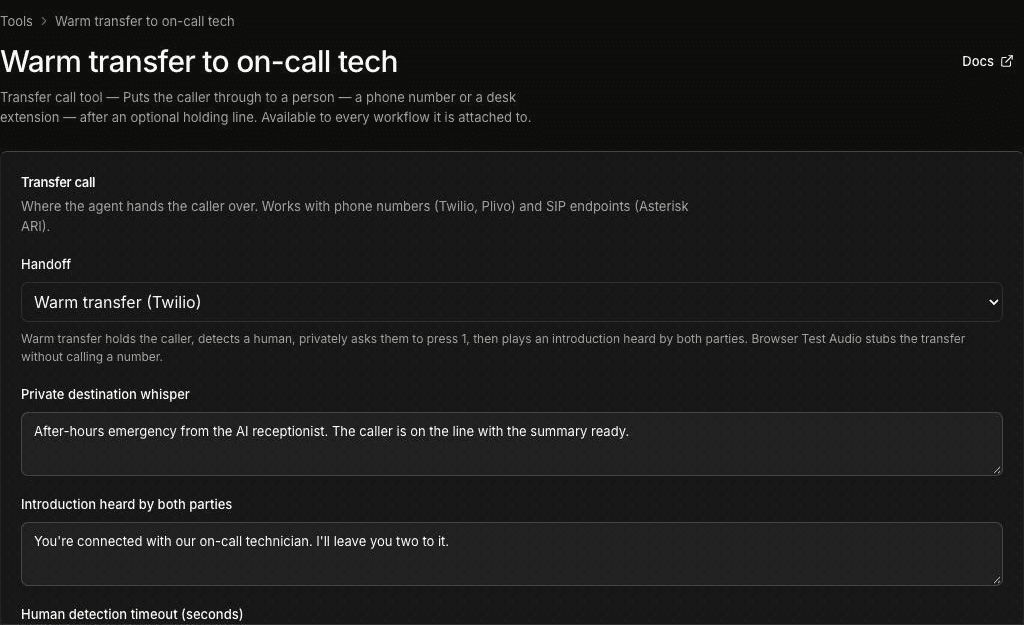 Transfer call tool named Warm transfer to on-call tech, with Handoff set to Warm transfer (Twilio), a Private destination whisper about an after-hours emergency, and an Introduction heard by both parties