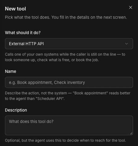 New tool panel with What should it do? set to External HTTP API, an empty Name field with the placeholder Book appointment, Check inventory, and an empty Description field