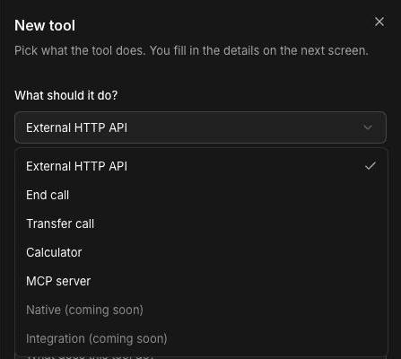 New tool panel in FieldCamp Voice with the What should it do? menu open, listing External HTTP API, End call, Transfer call, Calculator, MCP server, and Native and Integration marked coming soon