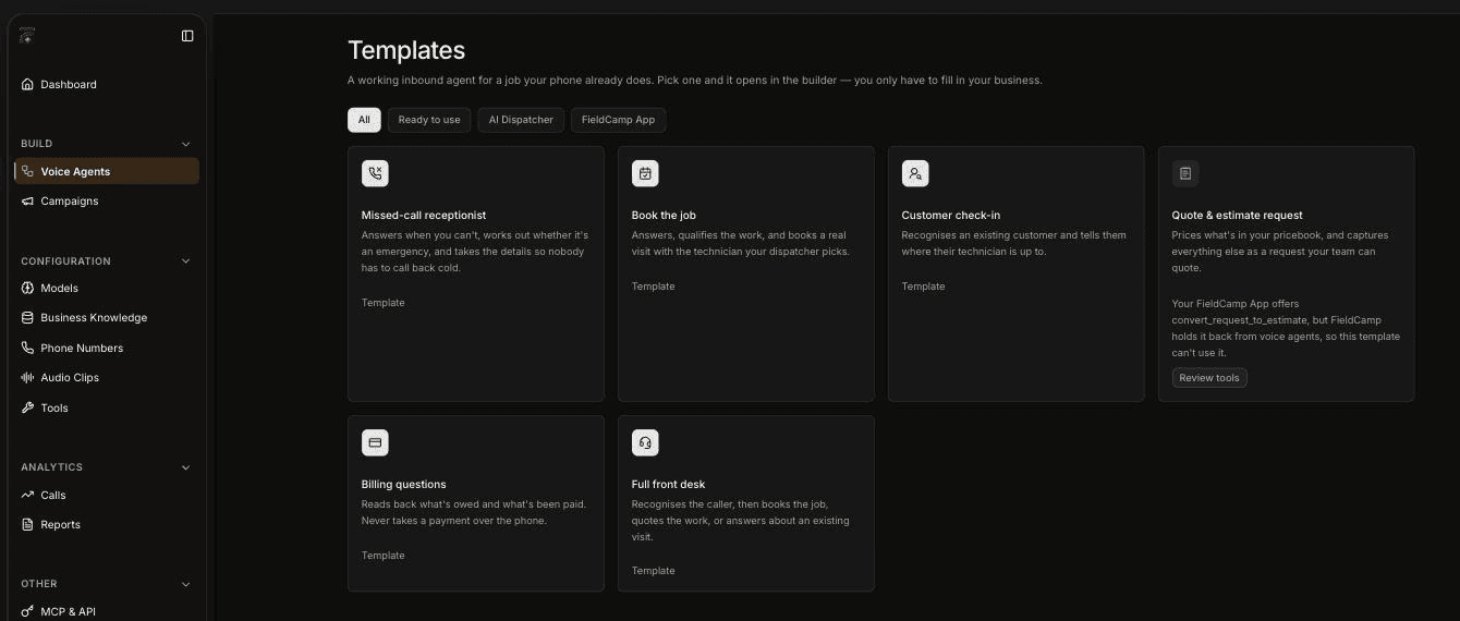 Templates page in FieldCamp Voice with the All, Ready to use, AI Dispatcher and FieldCamp App filter chips above six template cards: Missed-call receptionist, Book the job, Customer check-in, Quote and estimate request with a warning and a Review tools button, Billing questions, and Full front desk