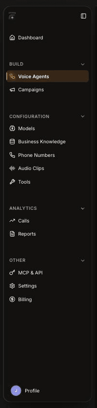 FieldCamp Voice sidebar with Dashboard at the top, then the BUILD, CONFIGURATION, ANALYTICS and OTHER groups, and Profile at the bottom