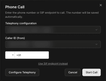Phone Call dialog in FieldCamp Voice with Telephony configuration and Caller ID fields, a phone number field with a country code picker, a Use SIP endpoint instead link, and Configure Telephony, Cancel and Start Call buttons