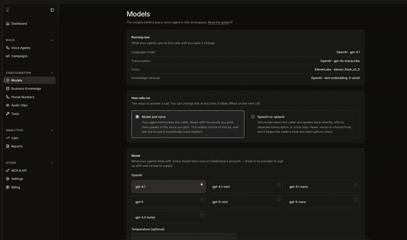 Models page in FieldCamp Voice showing Running now with the language model, transcription, voice and knowledge retrieval in use, the How calls run choice between Model and voice and Speech-to-speech, and the start of the Model section