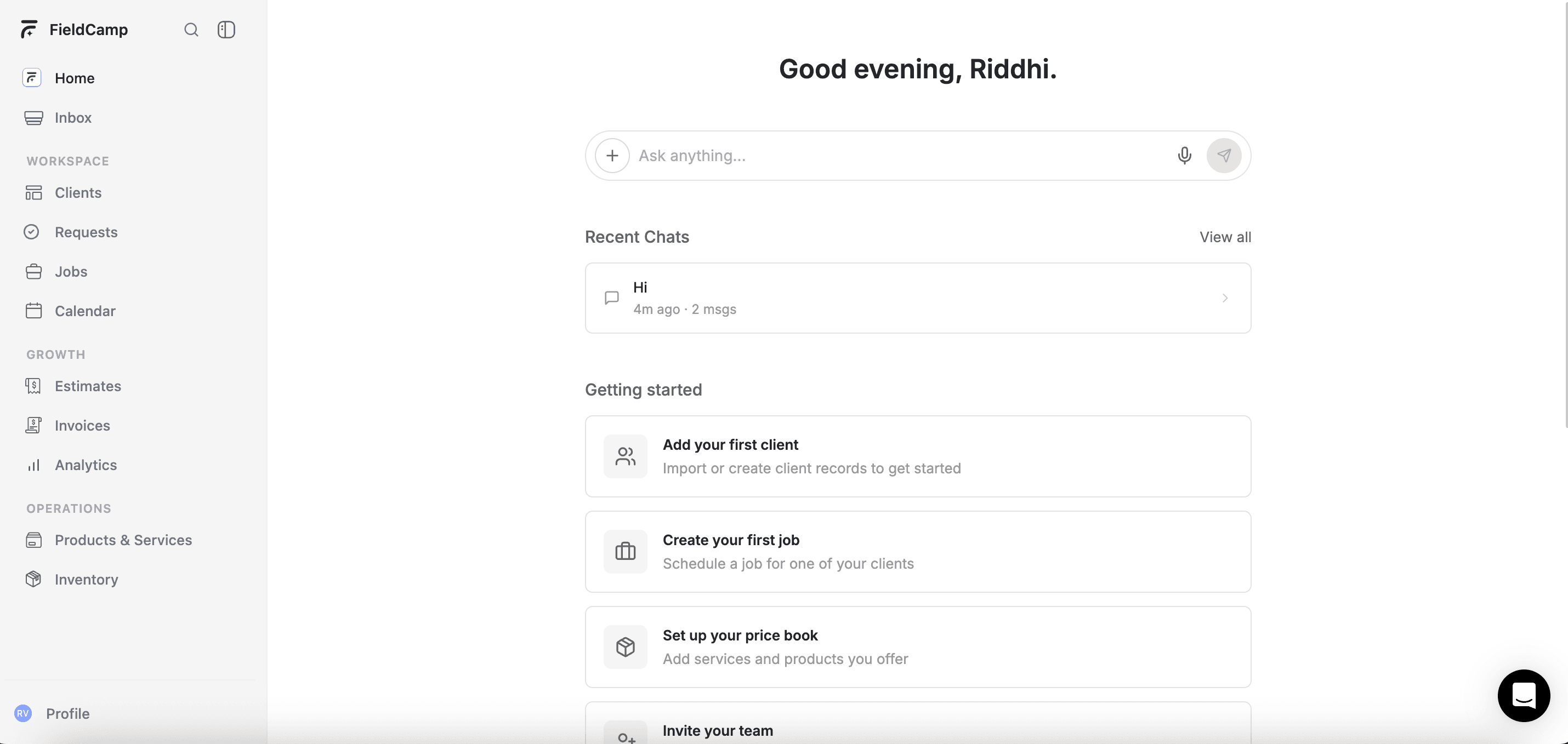 Fieldcamp Home Screen